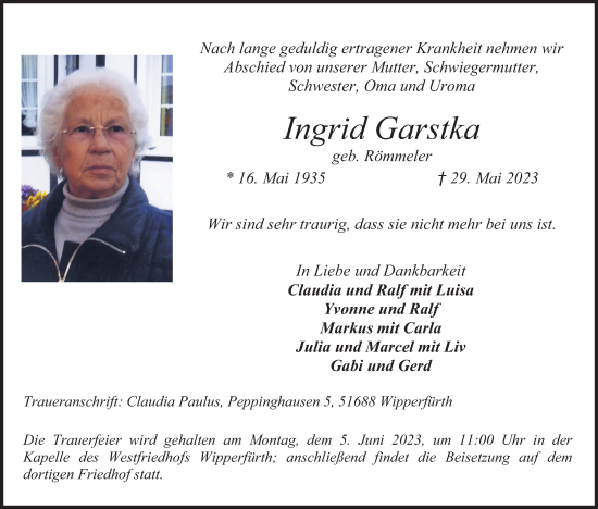 Anzeige von Ingrid Garstka von Kölner Stadt-Anzeiger / Kölnische Rundschau / Express