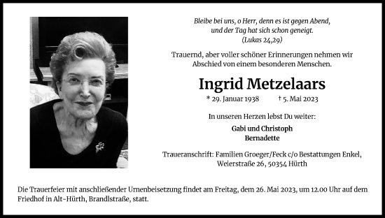 Anzeige von Ingrid Metzelaars von Kölner Stadt-Anzeiger / Kölnische Rundschau / Express