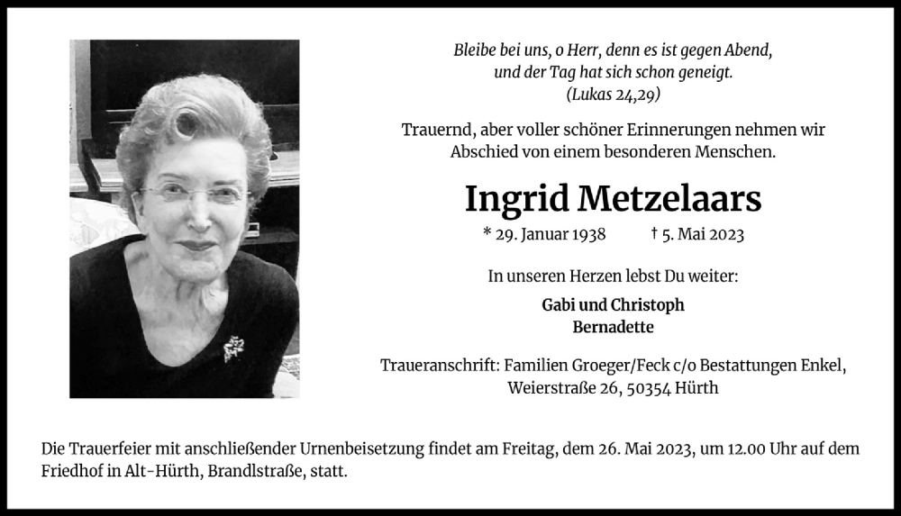  Traueranzeige für Ingrid Metzelaars vom 19.05.2023 aus  Wochenende 