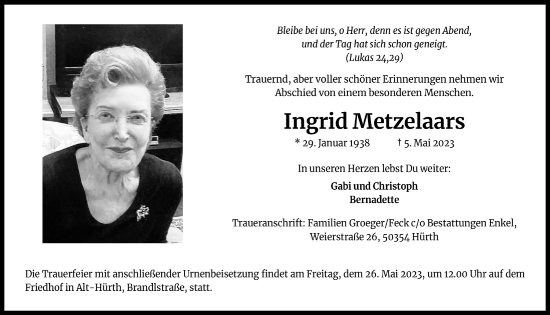 Anzeige von Ingrid Metzelaars von  Wochenende 