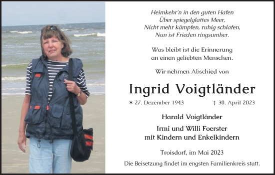 Anzeige von Ingrid Voigtländer von Kölner Stadt-Anzeiger / Kölnische Rundschau / Express