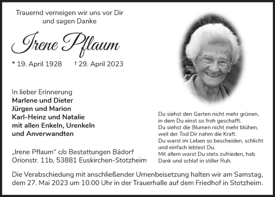 Anzeige von Irene Pflaum von  Blickpunkt Euskirchen 