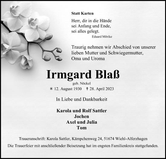 Anzeige von Irmgard Blaß von Kölner Stadt-Anzeiger / Kölnische Rundschau / Express