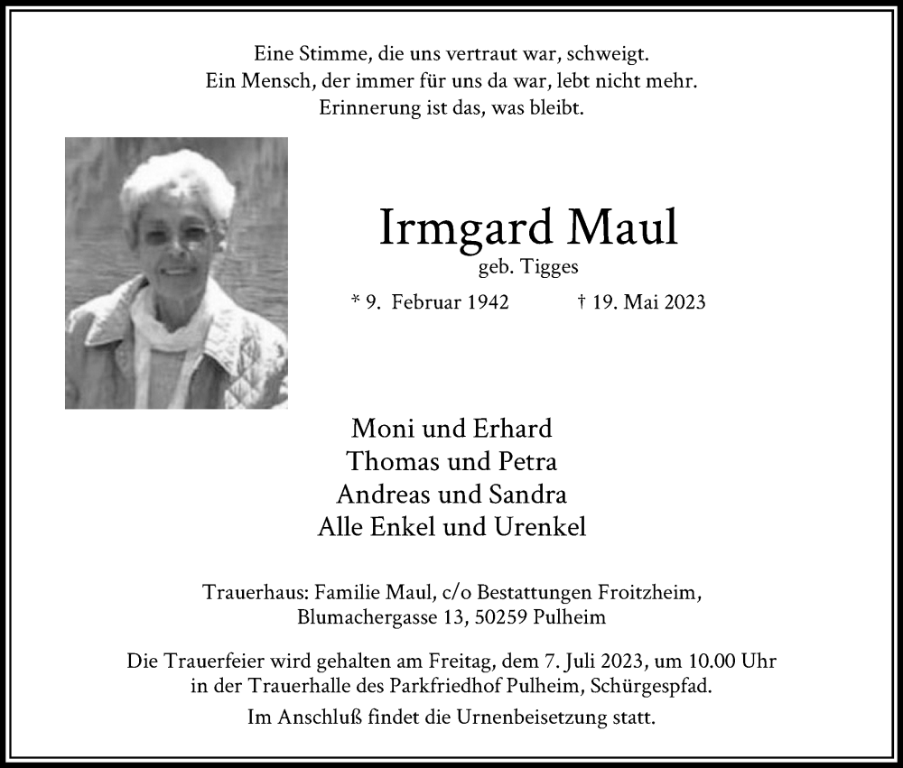  Traueranzeige für Irmgard Maul vom 27.05.2023 aus Kölner Stadt-Anzeiger / Kölnische Rundschau / Express