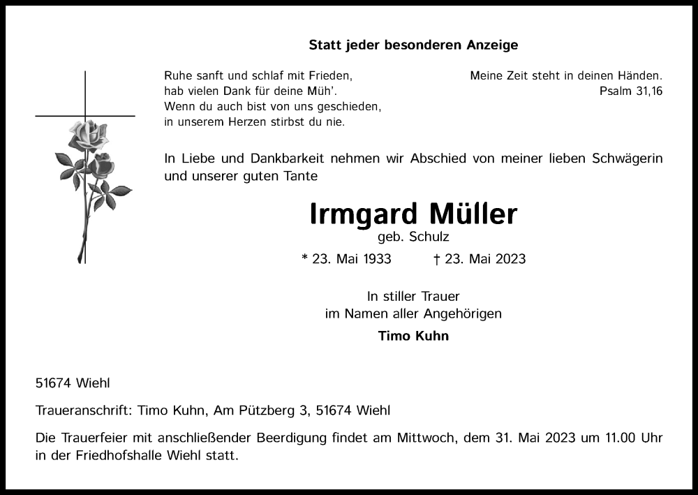 Traueranzeige für Irmgard Müller vom 27.05.2023 aus Kölner Stadt-Anzeiger / Kölnische Rundschau / Express
