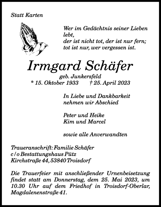 Anzeige von Irmgard Schäfer von Kölner Stadt-Anzeiger / Kölnische Rundschau / Express
