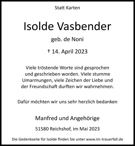 Anzeige von Isolde Vasbender von  Lokalanzeiger 