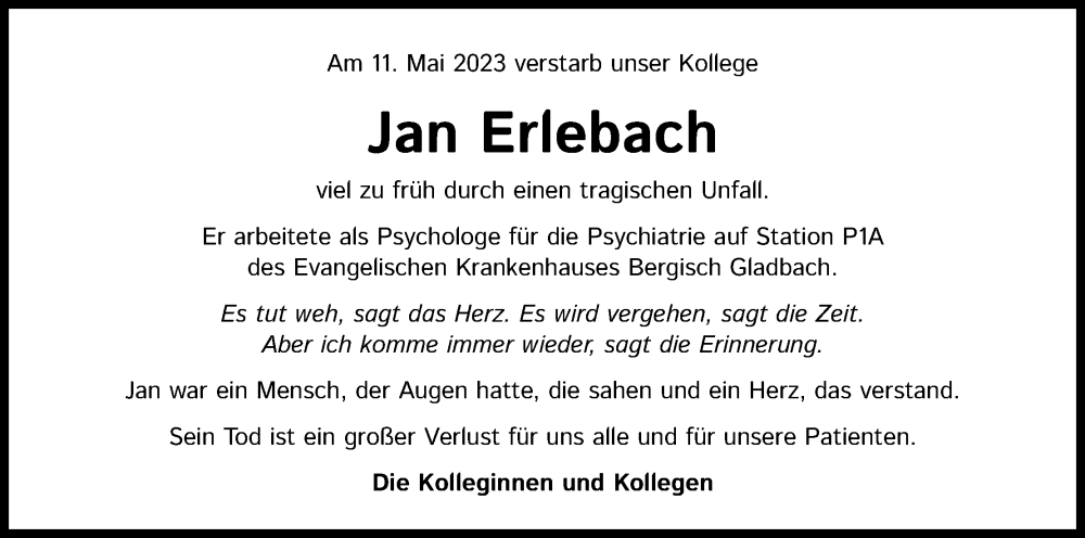  Traueranzeige für Jan Erlebach vom 25.05.2023 aus Kölner Stadt-Anzeiger / Kölnische Rundschau / Express