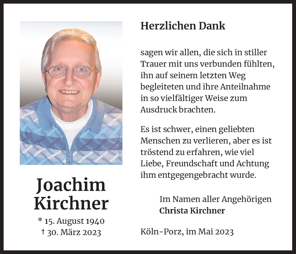  Traueranzeige für Joachim Kirchner vom 13.05.2023 aus Kölner Stadt-Anzeiger / Kölnische Rundschau / Express