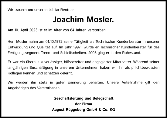 Anzeige von Joachim Mosler von Kölner Stadt-Anzeiger / Kölnische Rundschau / Express