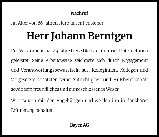 Anzeige von Johann Berntgen von Kölner Stadt-Anzeiger / Kölnische Rundschau / Express