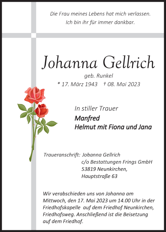 Anzeige von Johanna Gellrich von Kölner Stadt-Anzeiger / Kölnische Rundschau / Express