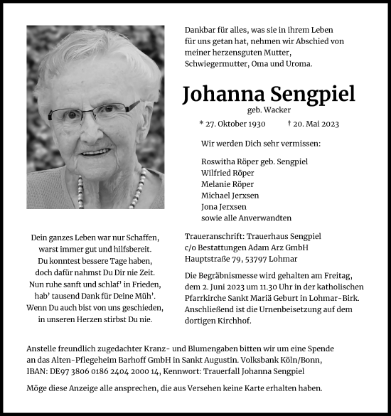 Anzeige von Johanna Sengpiel von Kölner Stadt-Anzeiger / Kölnische Rundschau / Express