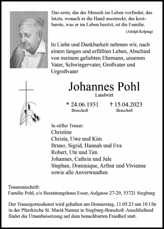Anzeige von Johannes Pohl von Kölner Stadt-Anzeiger / Kölnische Rundschau / Express