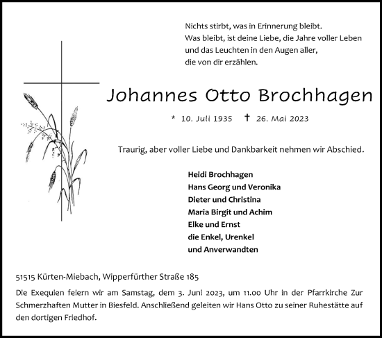 Anzeige von Johannes Otto Brochhagen von Kölner Stadt-Anzeiger / Kölnische Rundschau / Express