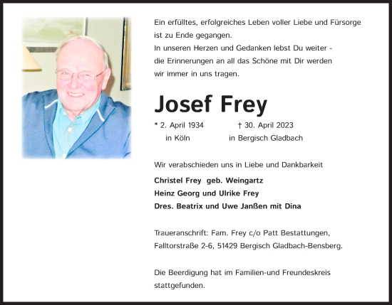 Anzeige von Josef Frey von Kölner Stadt-Anzeiger / Kölnische Rundschau / Express