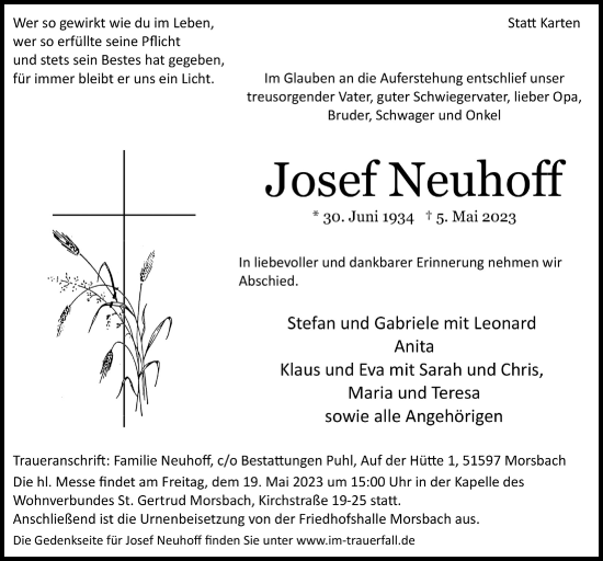 Anzeige von Josef Neuhoff von  Lokalanzeiger 