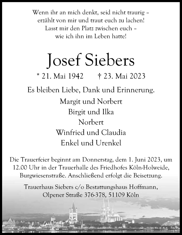  Traueranzeige für Josef Siebers vom 27.05.2023 aus Kölner Stadt-Anzeiger / Kölnische Rundschau / Express