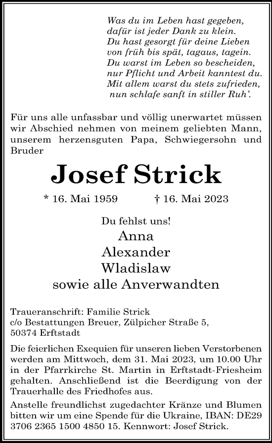 Anzeige von Josef Strick von  Werbepost 