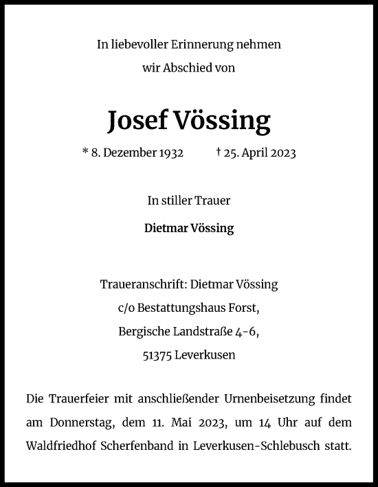 Anzeige von Josef Vössing von Kölner Stadt-Anzeiger / Kölnische Rundschau / Express