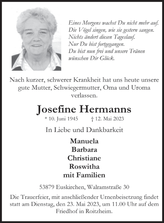 Anzeige von Josefine Hermanns von  Blickpunkt Euskirchen 