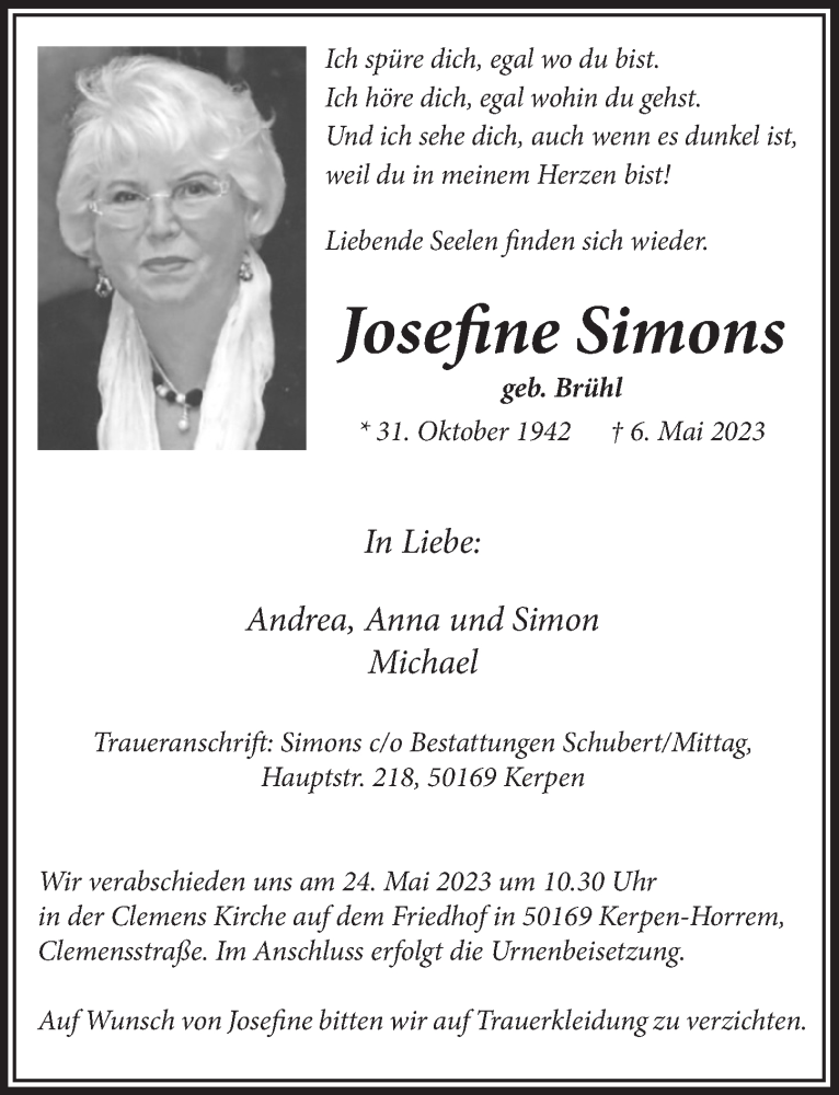  Traueranzeige für Josefine Simons vom 19.05.2023 aus  Werbepost 