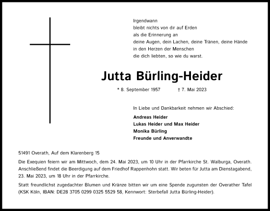 Anzeige von Jutta Bürling-Heider von Kölner Stadt-Anzeiger / Kölnische Rundschau / Express