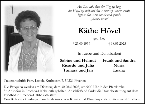 Anzeige von Käthe Hövel von  Wochenende 