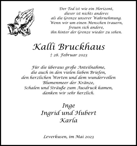 Anzeige von Kalli Bruckhaus von Kölner Stadt-Anzeiger / Kölnische Rundschau / Express