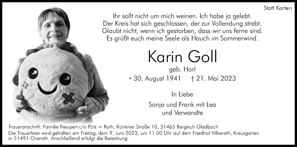  Traueranzeige für Karin Goll vom 27.05.2023 aus Kölner Stadt-Anzeiger / Kölnische Rundschau / Express