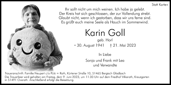 Anzeige von Karin Goll von Kölner Stadt-Anzeiger / Kölnische Rundschau / Express