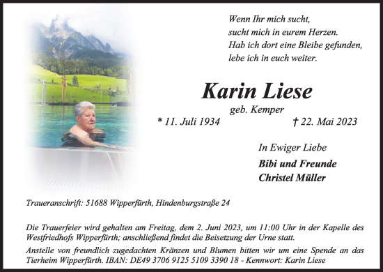 Anzeige von Karin Liese von Kölner Stadt-Anzeiger / Kölnische Rundschau / Express