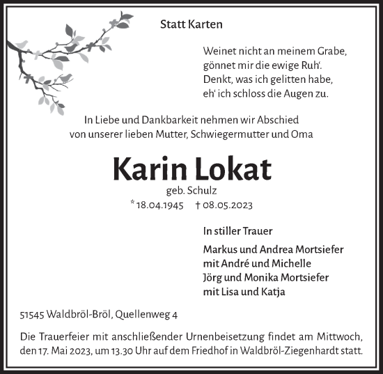Anzeige von Karin Lokat von  Lokalanzeiger 