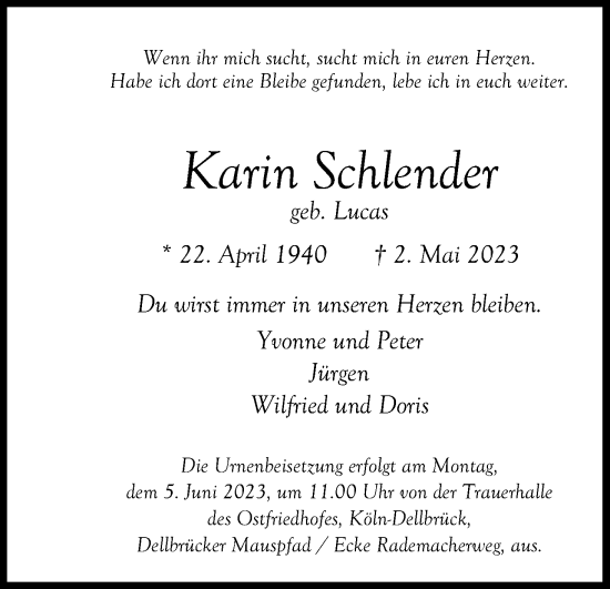 Anzeige von Karin Schlender von Kölner Stadt-Anzeiger / Kölnische Rundschau / Express