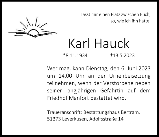 Anzeige von Karl Hauck von Kölner Stadt-Anzeiger / Kölnische Rundschau / Express
