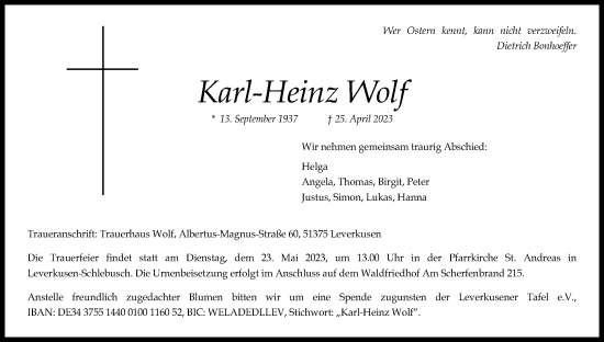 Anzeige von Karl-Heinz Wolf von Kölner Stadt-Anzeiger / Kölnische Rundschau / Express
