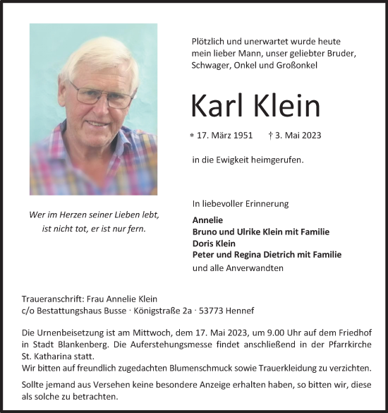 Anzeige von Karl Klein von Kölner Stadt-Anzeiger / Kölnische Rundschau / Express