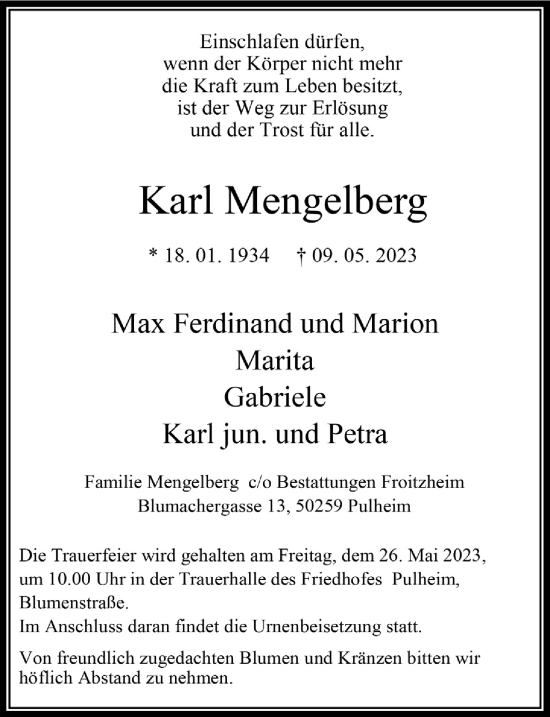 Anzeige von Karl Mengelberg von  Wochenende 