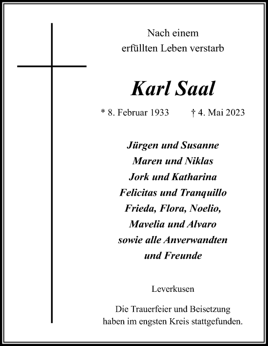 Anzeige von Karl Saal von Kölner Stadt-Anzeiger / Kölnische Rundschau / Express