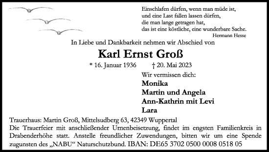 Anzeige von Karl Ernst Groß von Kölner Stadt-Anzeiger / Kölnische Rundschau / Express