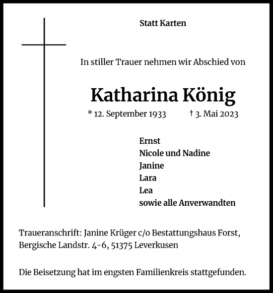 Anzeige von Katharina König von Kölner Stadt-Anzeiger / Kölnische Rundschau / Express