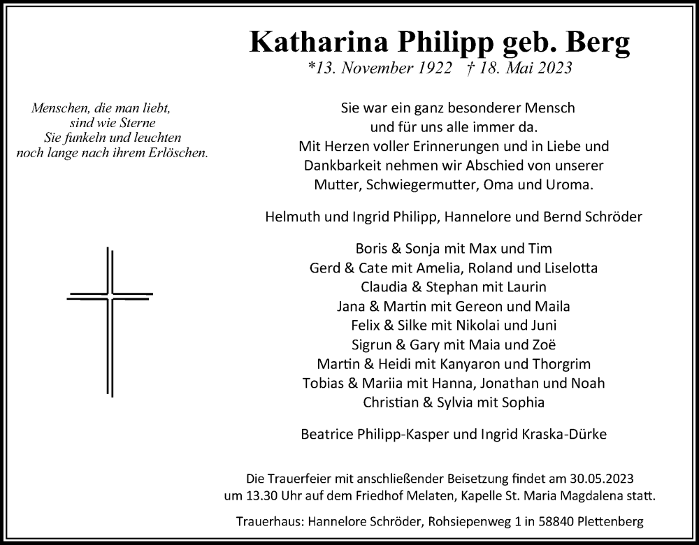  Traueranzeige für Katharina Philipp vom 27.05.2023 aus Kölner Stadt-Anzeiger / Kölnische Rundschau / Express