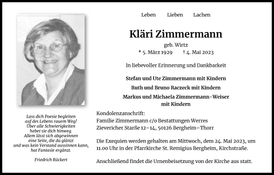 Anzeige von Kläri Zimmermann von Kölner Stadt-Anzeiger / Kölnische Rundschau / Express