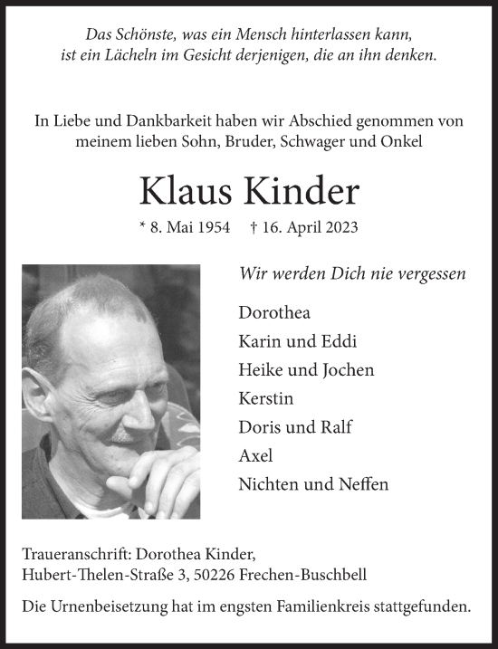 Anzeige von Klaus Kinder von  Wochenende 