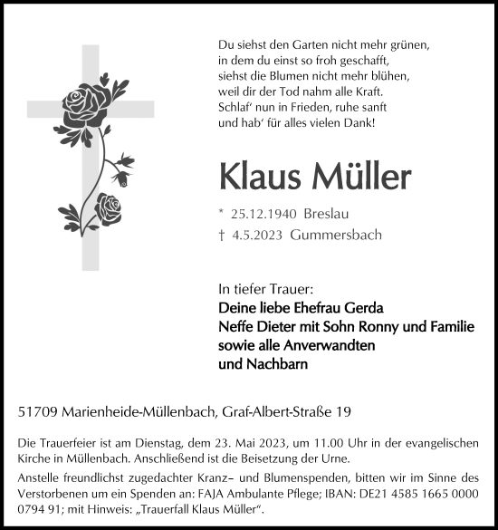 Anzeige von Klaus Müller von Kölner Stadt-Anzeiger / Kölnische Rundschau / Express