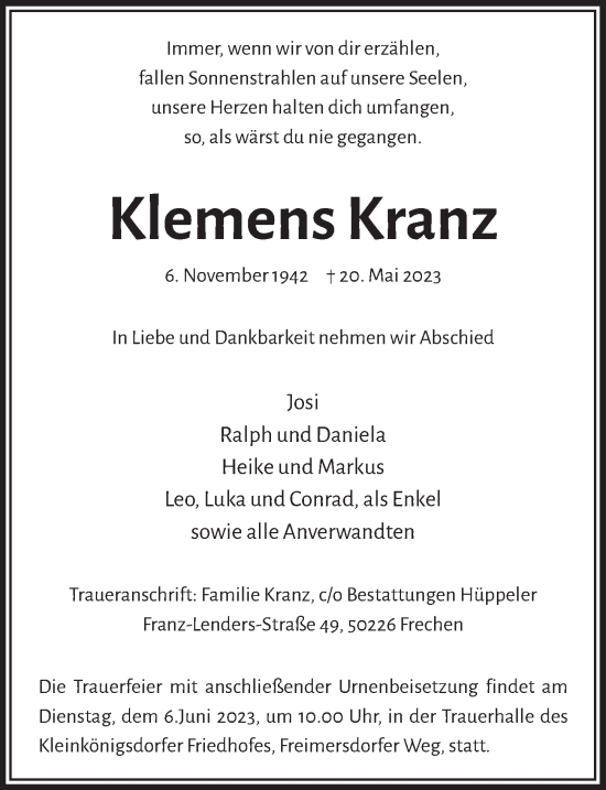 Anzeige von Klemens Kranz von  Wochenende 