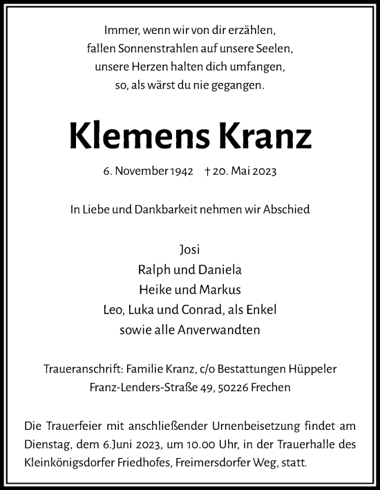 Anzeige von Klemens Kranz von Kölner Stadt-Anzeiger / Kölnische Rundschau / Express