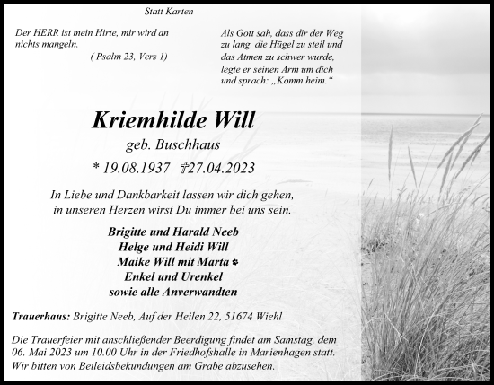 Anzeige von Kriemhilde Will von Kölner Stadt-Anzeiger / Kölnische Rundschau / Express
