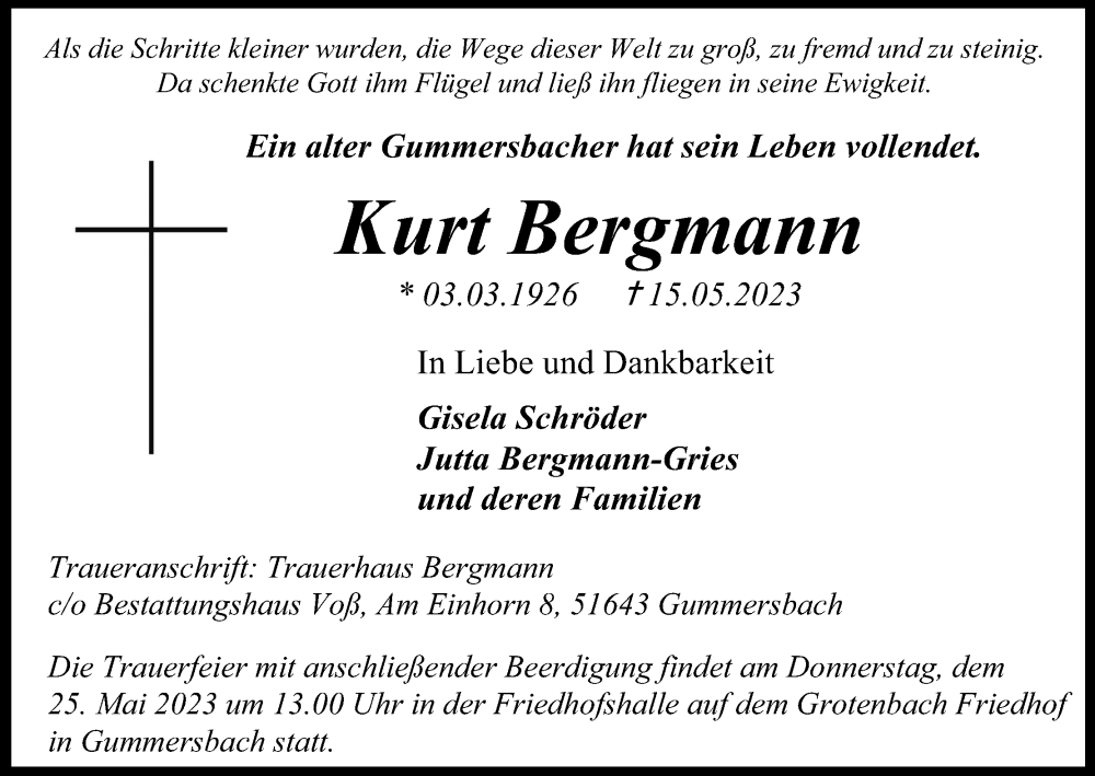  Traueranzeige für Kurt Bergmann vom 20.05.2023 aus Kölner Stadt-Anzeiger / Kölnische Rundschau / Express