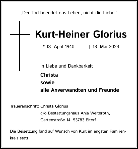 Anzeige von Kurt-Heiner Glorius von Kölner Stadt-Anzeiger / Kölnische Rundschau / Express